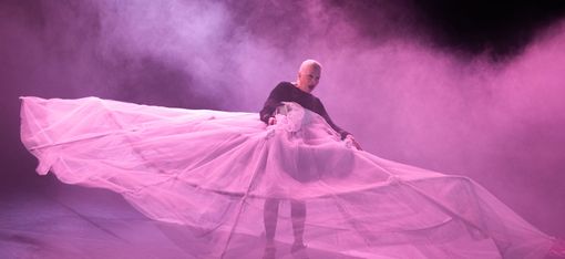 Former prima ballerina Susanne Kirnbauer stands in the pink stage mist, wearing a huge tutu