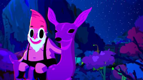 Bright pink-purple animated character with large white beard and black suspenders next to a pink-purple deer against a nighttime mountain and tree background.