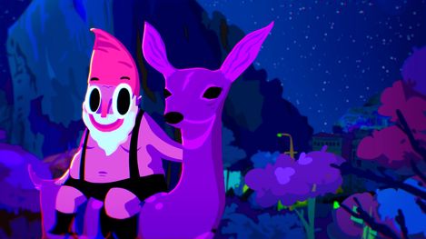 Bright pink-purple animated character with large white beard and black suspenders next to a pink-purple deer against a nighttime mountain and tree background.