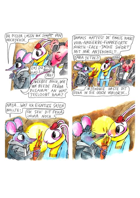 Four panels showing anthropomorphic animals in winter clothing talking, including a mouse in a leather jacket and a rabbit with a hat and scarf, against a warm glowing background.