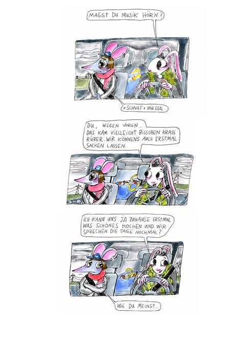 Two anthropomorphic rabbits with large eyes sit in a car, one driving and the other in the passenger seat, both speaking in speech bubbles.