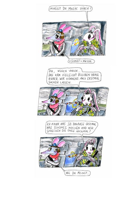 Two anthropomorphic rabbits with large eyes sit in a car, one driving and the other in the passenger seat, both speaking in speech bubbles.