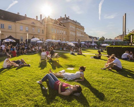 Menschen sitzen und liegen auf einer Wiese vor dem MQ und lassen sich sonnen.