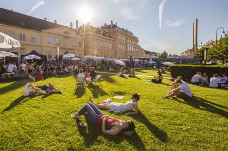 Menschen sitzen und liegen auf einer Wiese vor dem MQ und lassen sich sonnen.