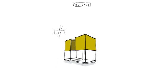 Sketch of a large open cube with a yellow top surface and a small standing human figure inside with the text 'PERFORMANCE: THINKING OUTSIDE THE BOX FROM INSIDE THE BOX'