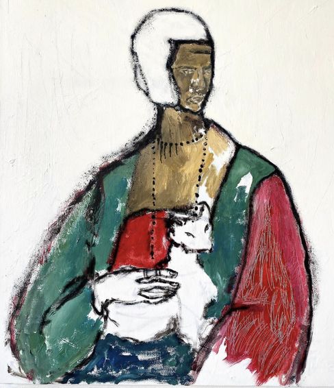 Painting of a person with white hair holding a white animal, outlined in rough black lines with colored areas in green, red, blue, and brown.