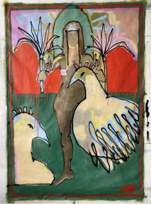 Abstract depiction of a standing human figure with raised hands and two large birds against a colorful background with red green and pink areas.