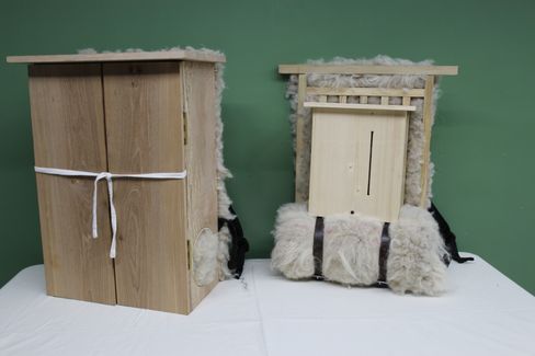 Back view of two rectangular wooden backpacks with fur trim and white straps on a white surface against a green background.