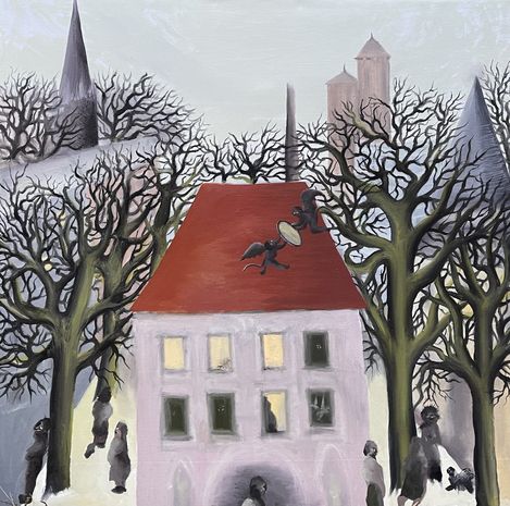 Multi-story house with red roof surrounded by leafless trees and several dark, shadowy figures.