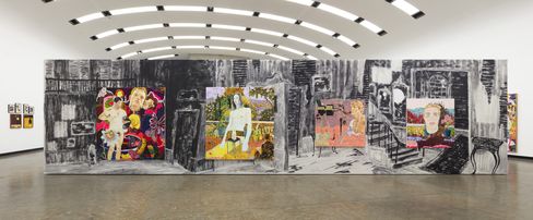 Multi-panel wall artwork with colorful paintings over a black-and-white line drawing in an exhibition hall.