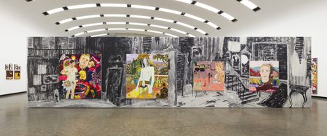 Multi-panel wall artwork with colorful paintings over a black-and-white line drawing in an exhibition hall.