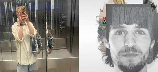 A person is standing in front of a mirror in a lift, taking a selfie with a smartphone. Another person is pictured next to them.