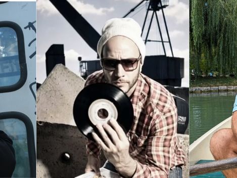 Three portraits side by side: a young woman with long hair in front of a glass wall with graffiti, a man wearing a beanie and sunglasses holding a vinyl record, a man with glasses and shirt sitting in a rowboat on a lake.