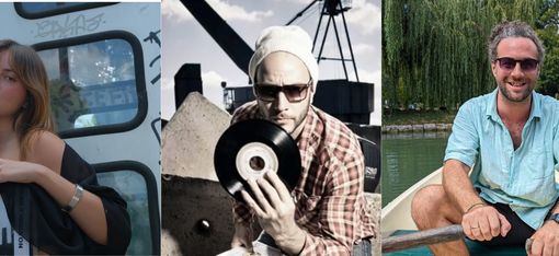 Three portraits side by side: a young woman with long hair in front of a glass wall with graffiti, a man wearing a beanie and sunglasses holding a vinyl record, a man with glasses and shirt sitting in a rowboat on a lake.