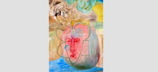 Abstract painting showing a red, vague face inside a vase against a colorful, blurred background.