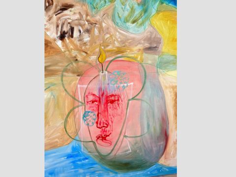 Abstract painting showing a red, vague face inside a vase against a colorful, blurred background.