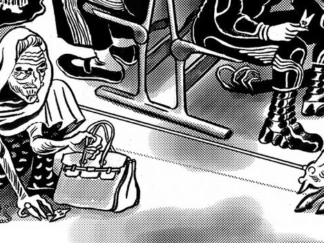 Black-and-white drawing of an elderly woman wearing a headscarf sitting on the floor holding a handbag surrounded by several cats and people sitting on chairs