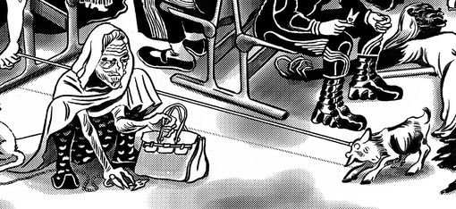 Black-and-white drawing of an elderly woman wearing a headscarf sitting on the floor holding a handbag surrounded by several cats and people sitting on chairs