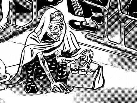 Black-and-white drawing of an elderly woman wearing a headscarf sitting on the floor holding a handbag surrounded by several cats and people sitting on chairs