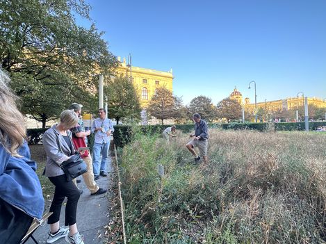 People are standing in front of the test field, and one person is standing inside