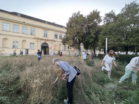 People are walking in the tall grass in front of the MQ