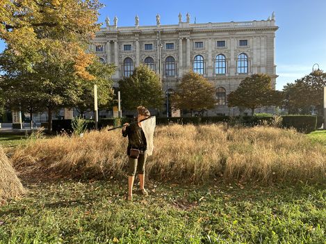 Person with a net stands on a meadow in front of a historic building.