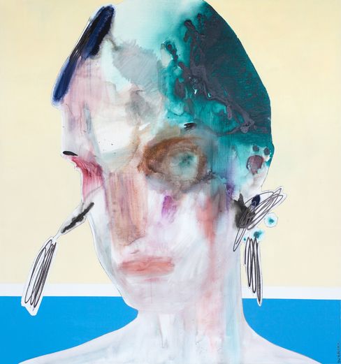 Abstract portrait of a person with a blue-green head and black sketchy earrings against a yellow and blue background