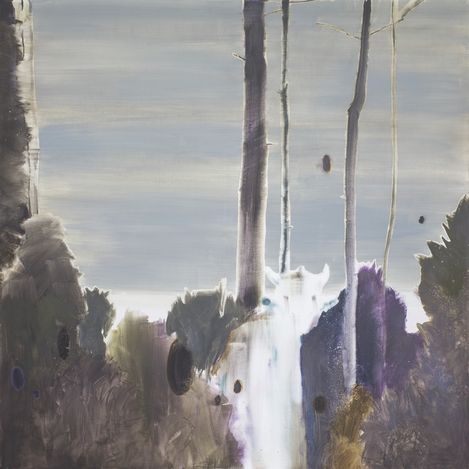 Blurred depiction of a forest with tall trees and indistinct shapes in the foreground.