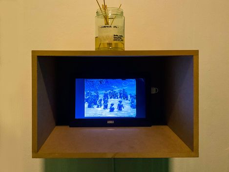 Wooden wall-mounted box with a screen showing a group of people in water and a glass with sticks labeled "-CAMPHOR OIL-" on top.