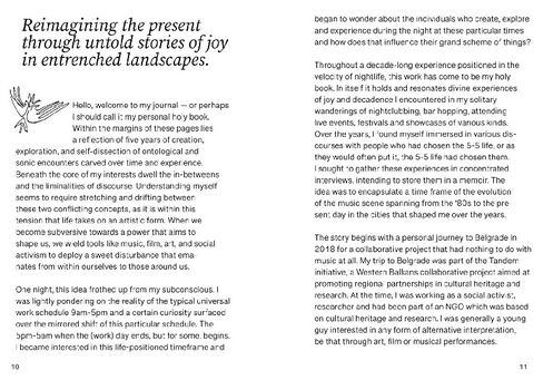 Two-page book text with italicized title and body text about personal experiences, creativity, and a journey to Belgrade.