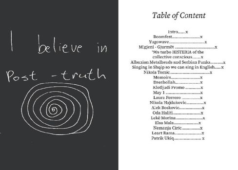 Handwritten text "I believe in Post-truth" with a spiral below on the left, and a table of contents listing chapters and page numbers on the right.