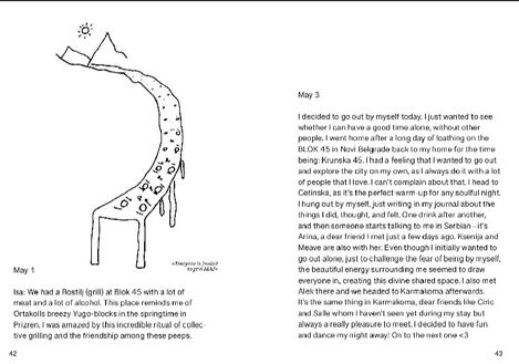 Black-and-white line drawing of a river surrounded by mountains and a sun in the background with small figures and symbols along the river path.