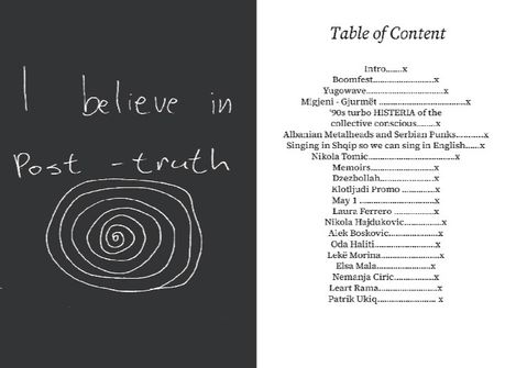 Handwritten text "I believe in Post-truth" with a spiral below on the left, and a table of contents listing chapters and page numbers on the right.
