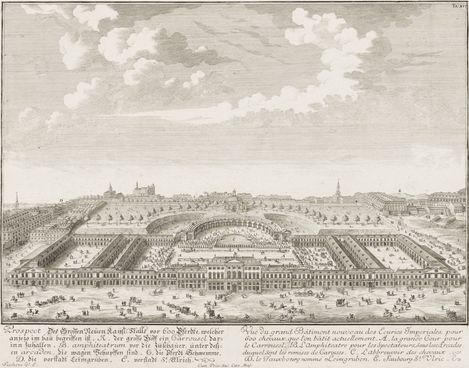 Johann Bernhard Fischer von Erlach. Ein Prospekt des Großen neuen kaiserlichen Hofstall aus dem Jahr 1721. Schwarz-weiße historische Linienzeichnung eines großen Gebäudekomplexes mit symmetrischen Gärten und Menschen im Vordergrund.