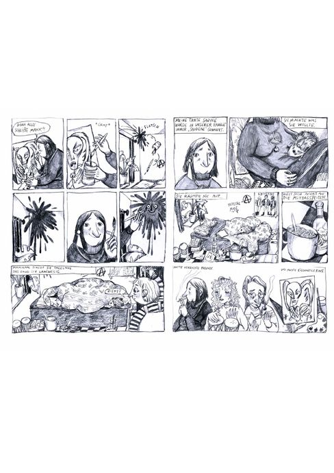 Black-and-white comic drawing with multiple panels depicting a story about a woman and her aunt, including speech bubbles and everyday indoor scenes.