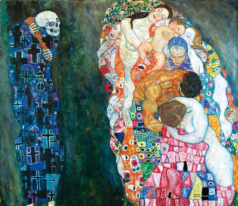 Das Gemälde zeigt links eine gemusterte, skelettartige Figur, die rechts eine bunte, miteinander verflochtene Gruppe von Menschen beobachtet. Es vermittelt Themen des Lebens und des Todes.