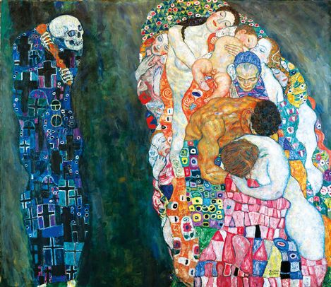 Das Gemälde zeigt links eine gemusterte, skelettartige Figur, die rechts eine bunte, miteinander verflochtene Gruppe von Menschen beobachtet. Es vermittelt Themen des Lebens und des Todes.