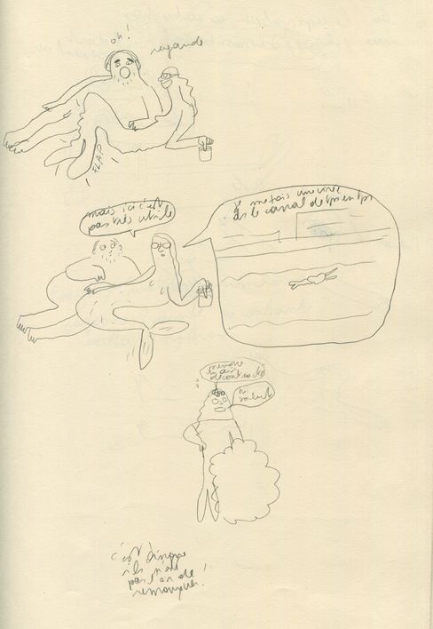 Sketch showing several figures including one with a fish tail, speech bubbles with French text, and a figure holding a cloud or bush.