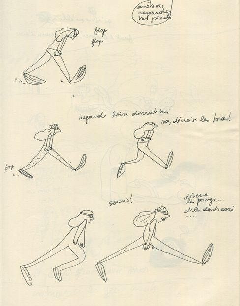 Black-and-white line drawing showing multiple schematic figures in various running poses with handwritten French notes.