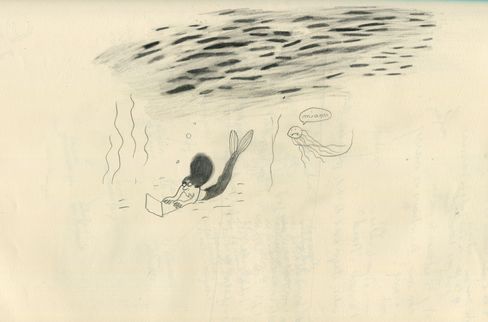 Black-and-white drawing of a mermaid wearing glasses working on a laptop underwater next to a jellyfish with a speech bubble saying "miaou".