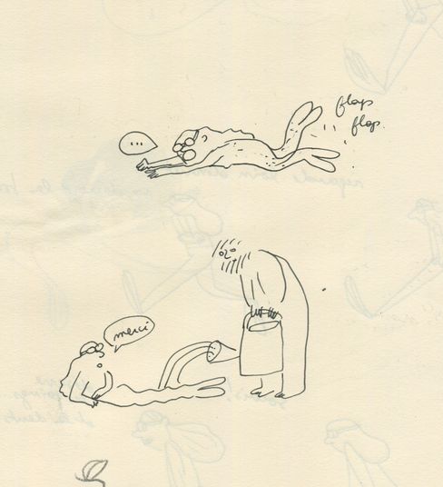 Black-and-white line drawing showing a flying figure, a seated figure with speech bubble "merci", and a standing figure holding a watering can.