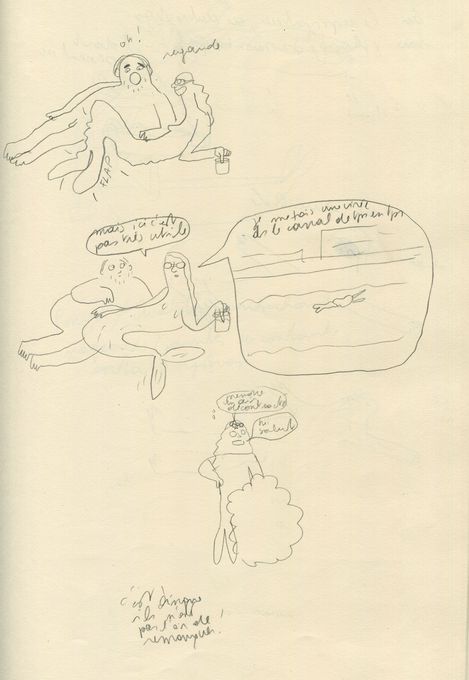 Sketch showing several figures including one with a fish tail, speech bubbles with French text, and a figure holding a cloud or bush.