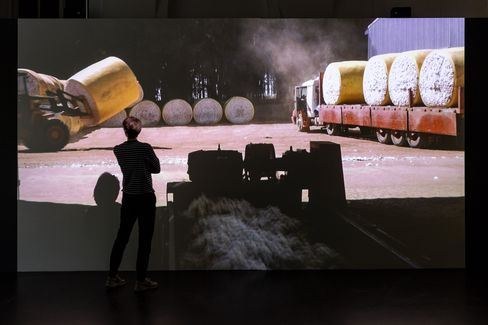 Person with short hair and striped top stands in front of a projection showing multiple large round bales and a vehicle in a yard
