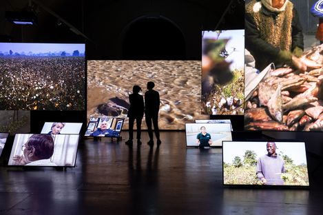 Two people stand in front of multiple large screens showing nature and portrait images