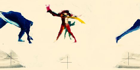 Three abstract figures in different colors and dynamic poses on a light background.