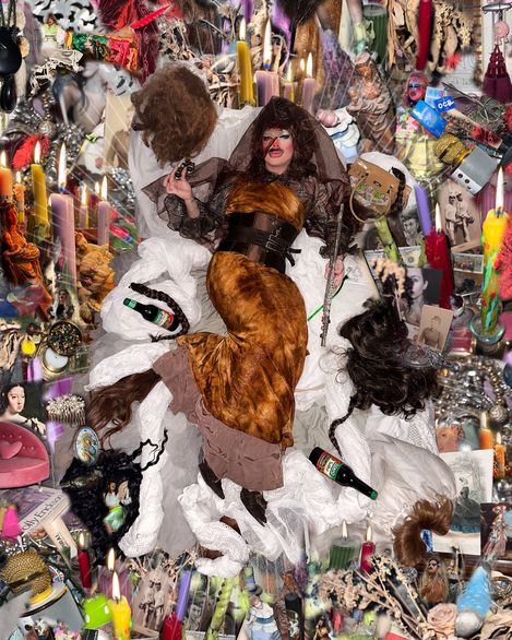 Collage showing two reclining figures in historical dresses surrounded by numerous candles, photos, dolls, and various objects.