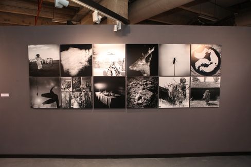 Wall with twelve black-and-white photographs arranged in two rows, including a jumping person, a deer head, and a lunar landscape.