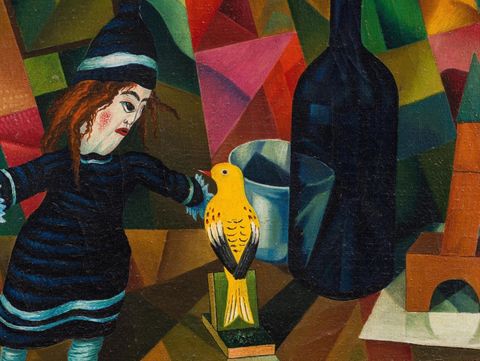 Painting showing a doll in a striped dress and pointed hat, a yellow bird on a book, a bottle, and a cup against an abstract colorful background.