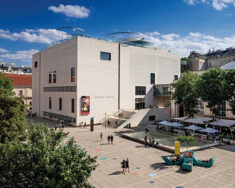 View of the main courtyard of the MuseumsQuartier. Focus on the Leopold Museum.
