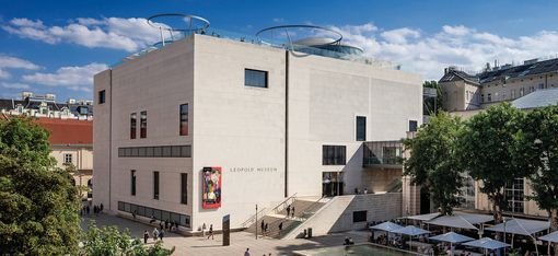 View of the main courtyard of the MuseumsQuartier. Focus on the Leopold Museum.